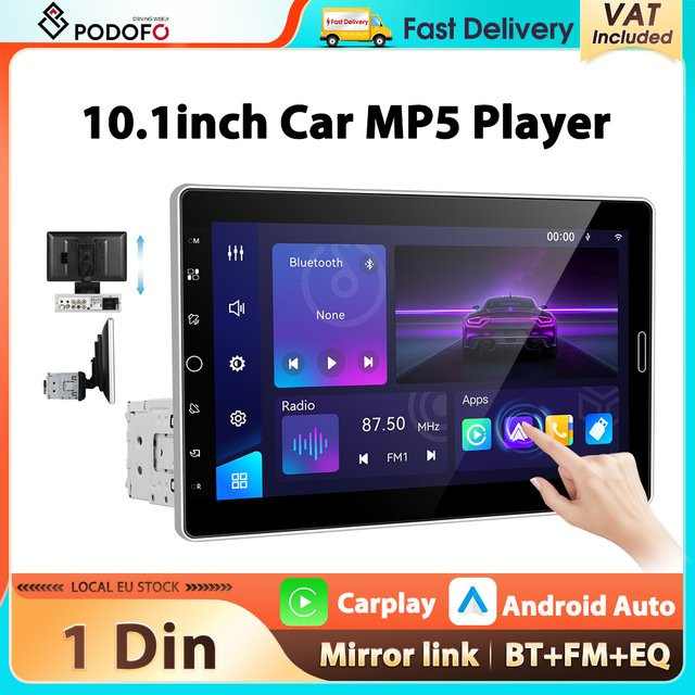 Podofo 1Din MP5 Multimedia-Player mit 10,1 Zoll Display, Wireless CarPlay, Android Auto, Bluetooth, FM/RDS und Mirror Link in Schwarz - Bild 1