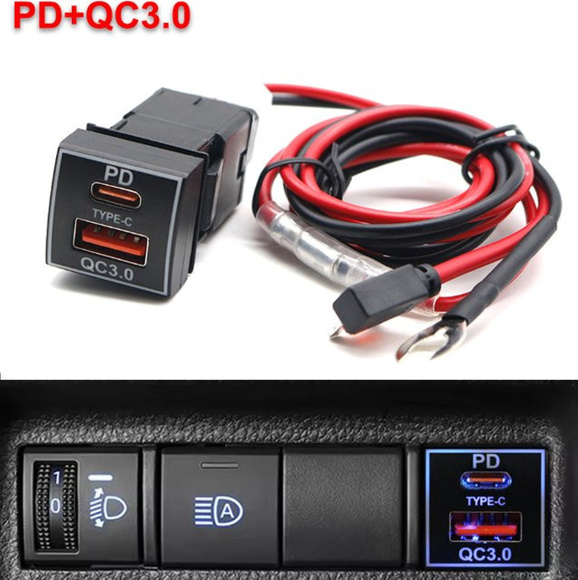 Kebidumei Dual-Port Schnellladegerät für Toyota mit PD QC3.0 und USB-C, 12V-24V, Schwarz mit blauer LED-Anzeige - Bild 1