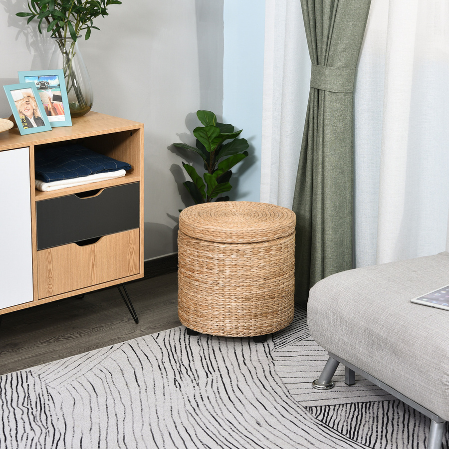 HOMCOM Sitzhocker mit Stauraum Aosom, Fußhocker mit Aufbewahrungsbox und abnehmbarem Deckel aus Rattan in Beige, Durchmesser: 43 cm - Bild 2