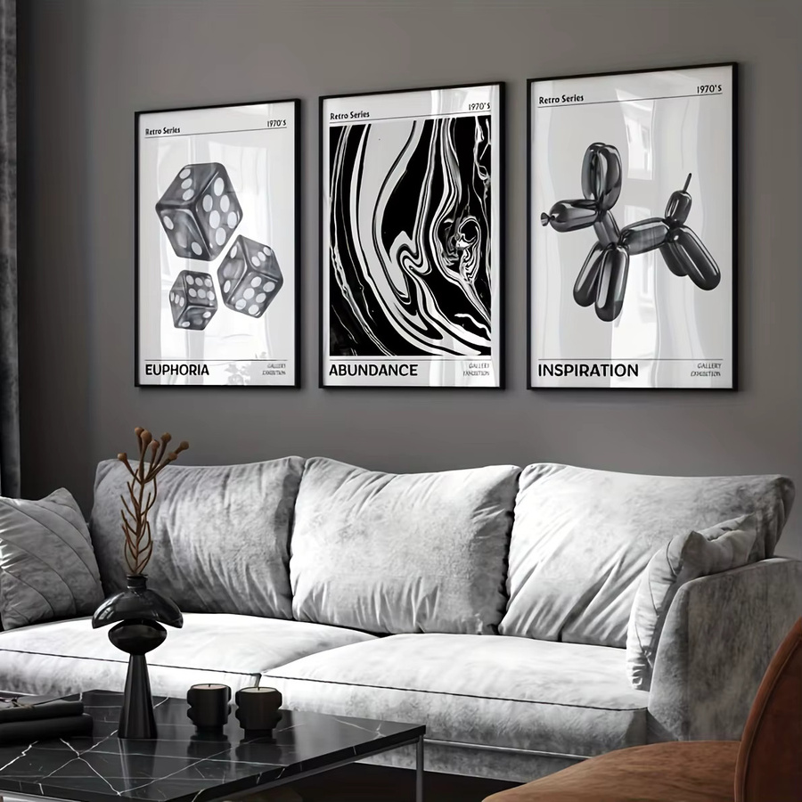 Potdemiel 3-teiliges Wandkunst-Set aus Leinwand mit abstrakten Hunde-Motiven im Art-Deco-Stil, Schwarz, Rahmenlos - Bild 4