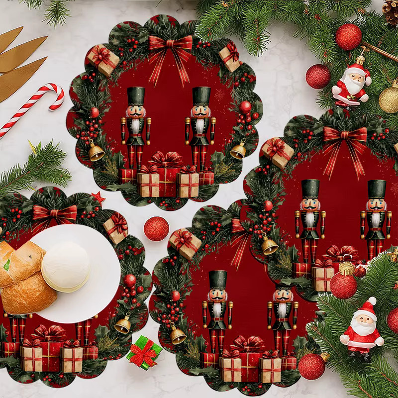 VIKAMA 4er Set Weihnachts-Nussknacker Tischsets mit goldener Schleife in Rot und Gold, runde Platzsets für die Weihnachtsdekoration - Bild 3
