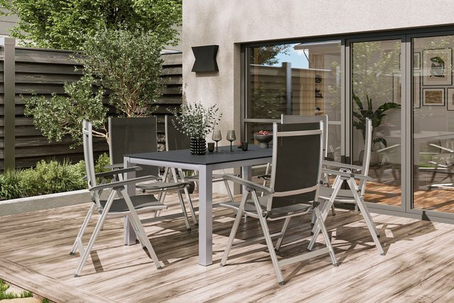 Kettler BasicPlus Garten-Essgruppe in Silber/Anthrazit mit 6 Klappstühlen aus Alu, Spraystone und Textil, Tisch B: 160 cm, T: 95 cm, H: 74 cm - Bild 1