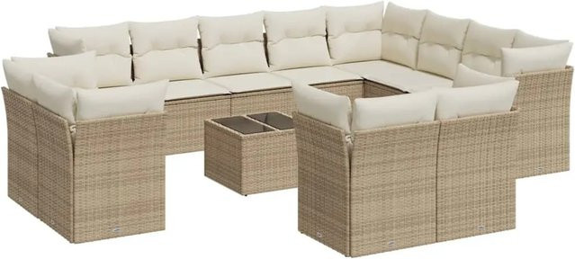 vidaXL 13-teilige Garten-Sofagarnitur in U-Form aus Poly-Rattan mit Kissen in Beige-Creme - Bild 1