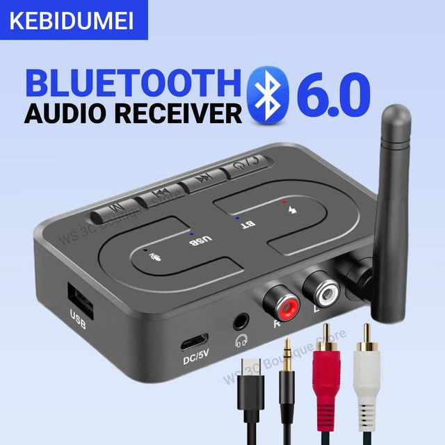 KEBIDUMEI Bluetooth 6.0 Audio-Empfänger mit Mikrofon, HIFI Stereo Wireless Adapter mit 3,5 mm AUX und RCA für Auto-Lautsprecherverstärker, Schwarz - Bild 1