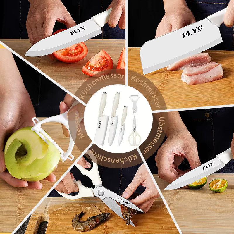 5-teiliges PLYS Küchenmesserset aus weißer Keramik mit Fleischbeil, Hackmesser, Gemüsemesser, Kochmesser und Obstmesser - Bild 3