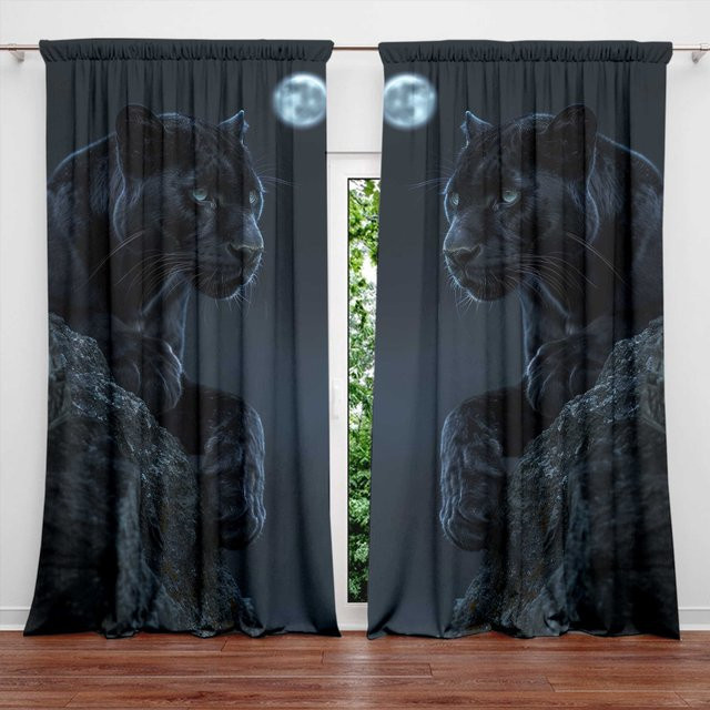 2-teiliges Set Vorhang mit Panther-Aufdruck in Schwarz von Household supplies MH, halbtransparent, Breite: 107 cm, Höhe: 213 cm - Bild 1