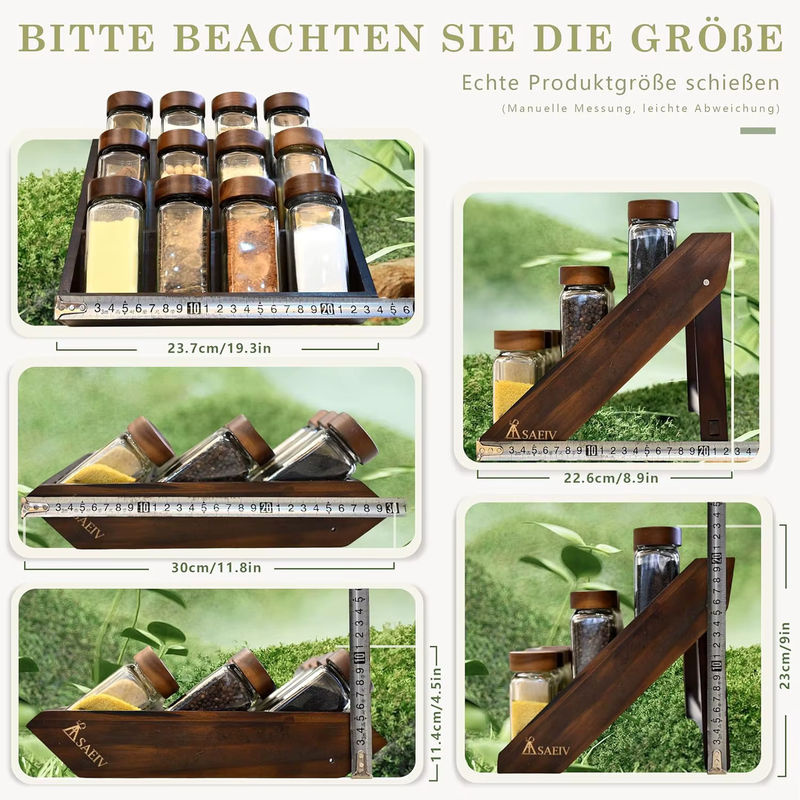 SAEIV Gewürzflaschen-Set aus Glas mit Gewürzregal aus Acacia-Holz, transparent und braun, inklusive Etiketten, 120 ml pro Flasche - Bild 4