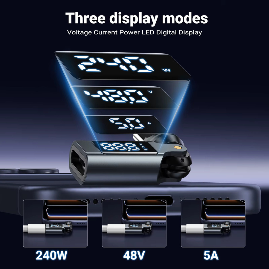 AUFU Magnetischer USB-C auf Typ-C Adapter mit Digital-Display, PD 240W Schnellladung, OTG-Konverter in Schwarz - Bild 3