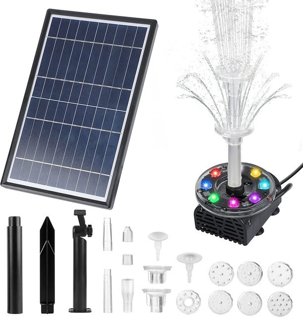 Solar LED Wasserspiel Springbrunnen mit 7W Pumpe und 10 Fontänenstilen für deinen Garten oder Teich - Bild 1