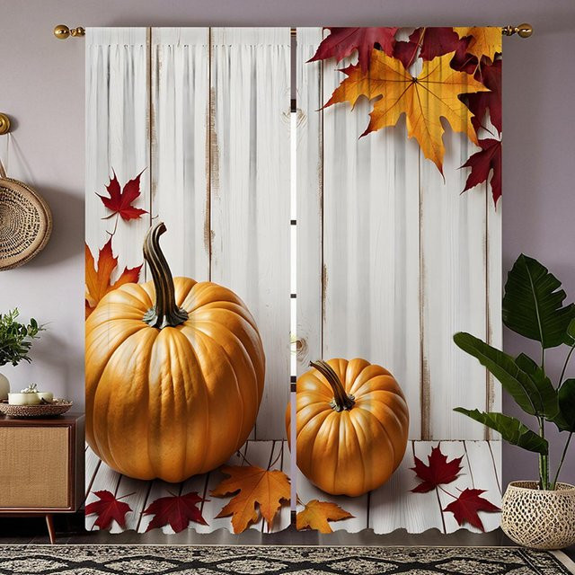 2er Set Halloween Vorhang mit Kürbis und Ahornblatt Motiv in Orange und Weiß, B: 132 cm, H: 160 cm - Bild 1