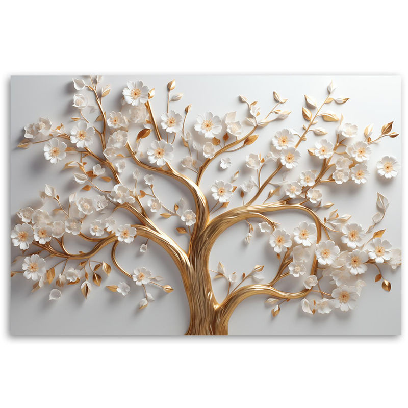 Feeby Leinwandbild 3D Blühender goldener Glamourbaum Floral in Weiß und Gold, B: 60 cm, H: 40 cm - Bild 3