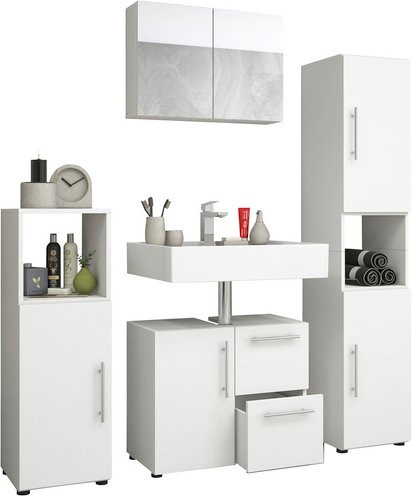 VCM Badmöbel-Set Flandu in Weiss, 4-teiliges modernes Badezimmer-Set mit Waschtischunterschrank, Spiegelschrank, Hochschrank und Wandschrank, B/H/T: 61 x 160 x 32 cm - Bild 1