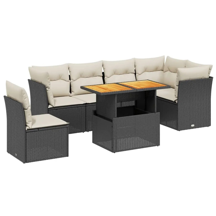 vidaXL 7-teilige Garten-Sofagarnitur in L-Form aus Poly-Rattan und Akazienholz mit Kissen, Schwarz-Creme - Bild 2