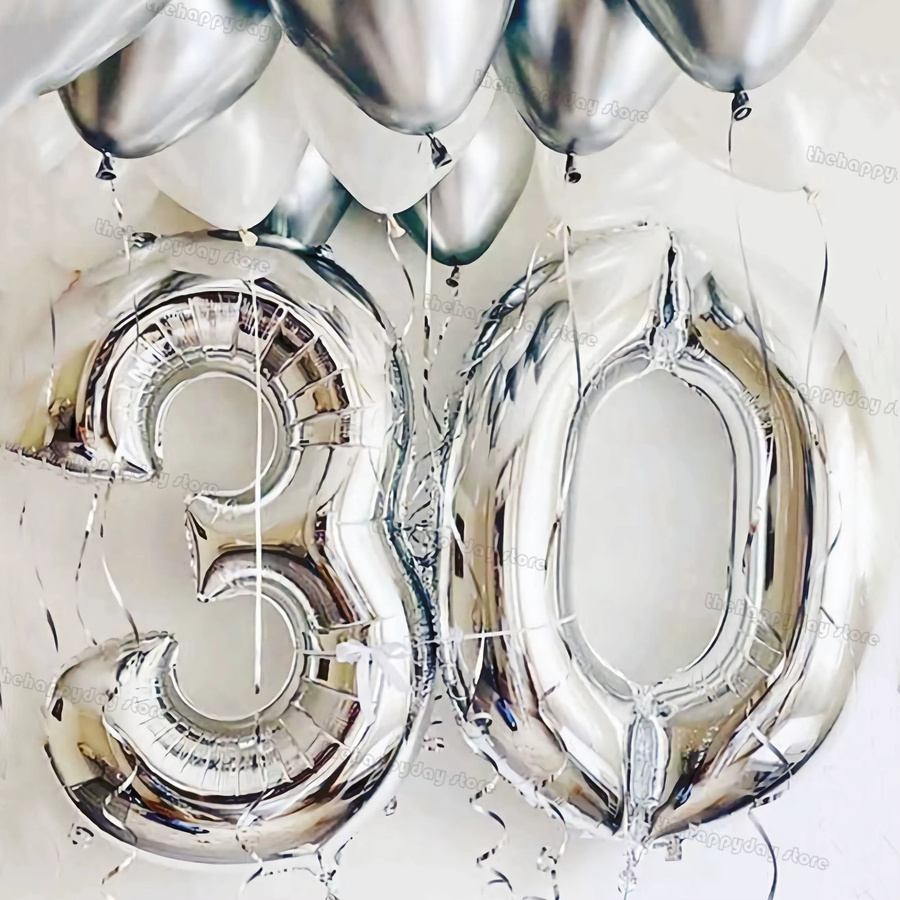 MicroPlush Zahlen-Folienballons Set für Geburtstag und Hochzeit in Silber, Schwarz und Weiß, 13 Stück - Bild 4