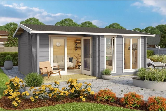 Lasita Gartenhaus Brighton 44 aus Fichtenholz mit Satteldach in Lichtgrau, B/T/H: 520 x 370 x 251 cm - Bild 1