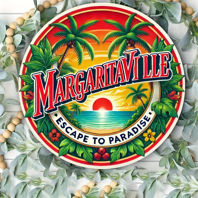Margaritaville Escape to Paradise Rundes Wandkunstschild aus Metall in Multicolour, Durchmesser: 19,81 cm - Bild 1