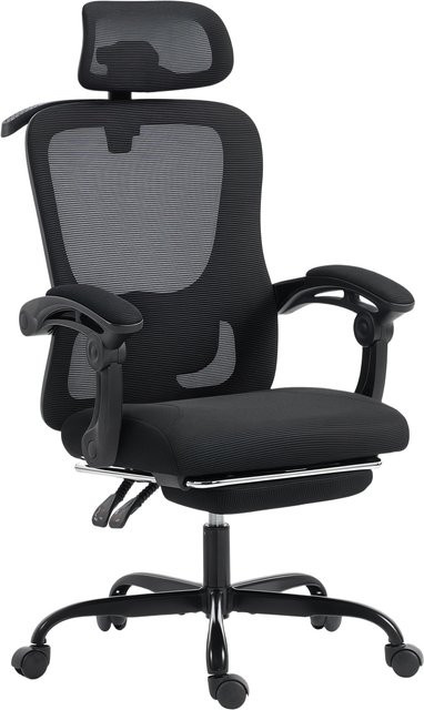 HOMCOM Ergonomischer Bürostuhl in Schwarz mit verstellbarer Kopfstütze, Lendenstütze, Fußstütze und Wippfunktion für Home-Office und Erwachsene - Bild 1