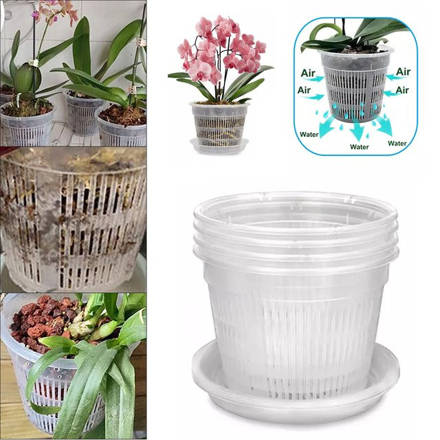 5er Set LEENKEA transparente Pflanztöpfe aus Kunststoff mit Untertassen und Belüftungsöffnungen für Orchideen und Gartenpflanzen - Bild 1