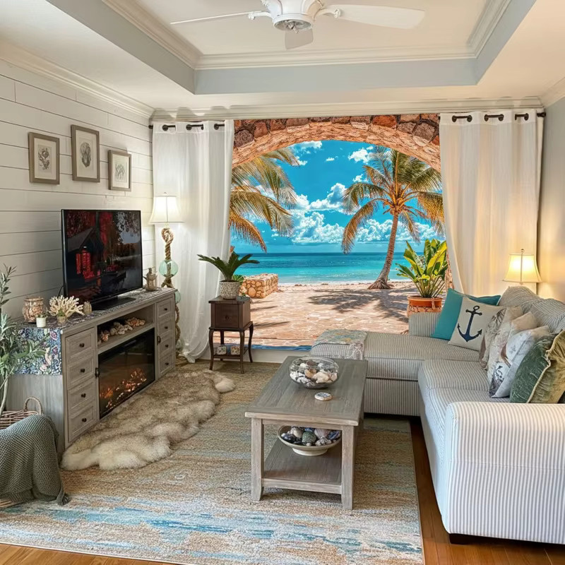 VIKAMA Wandteppich Archway Seaview Tropical Palm Grove Beach, Mehrfarbig - Bild 2