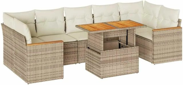 vidaXL 8-tlg Garten-Sofagarnitur in L-Form aus Polyrattan und Akazienholz mit Kissen in Beige - Bild 1