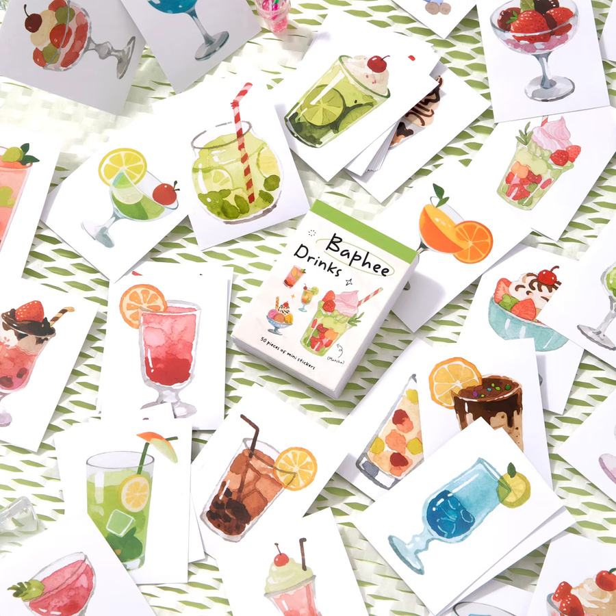 50 Stück Aquarell Aufkleber mit Sommer-Cocktail und Dessert Motiven in Mehrfarbig für Scrapbooking - Bild 1