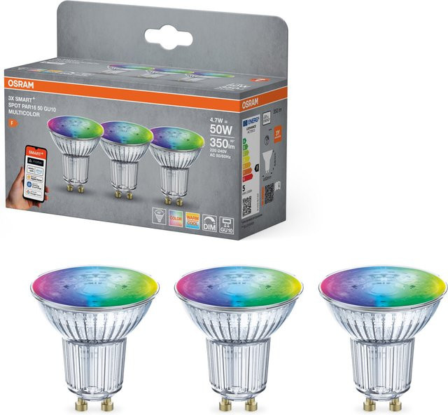 Osram Smart MATTER LED Leuchtmittel 3er Pack, RGBW, GU10, dimmbar, Silber/Multicolor, kompatibel mit Amazon Alexa, Google Assistant und Apple HomeKit - Bild 1