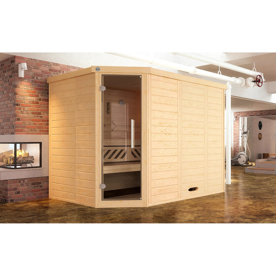 Weka Massivholzsauna Kemi Ecksauna aus Fichte mit BioS Glastür und 7,5 kW Sparset in Braun, B/T/H: 245 x 195 x 200 cm - Bild 2