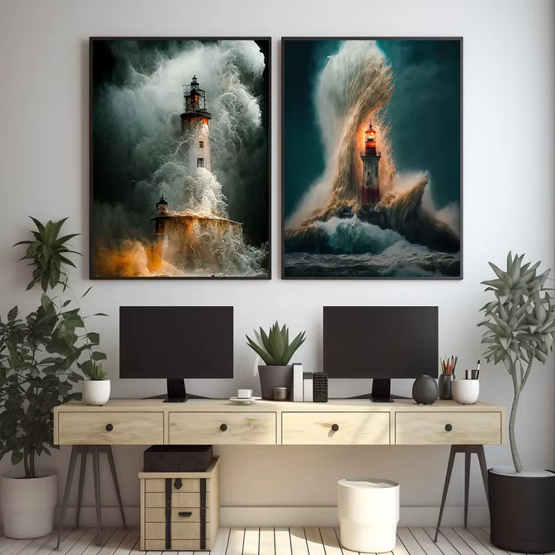 Potdemiel Leinwandgemälde Maritime Meereslandschaft mit Leuchtturm und Sturm in Mehrfarbig - Bild 2