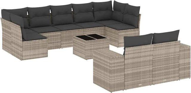vidaXL 10-tlg. Garten-Sofagarnitur in L-Form aus Poly-Rattan mit Kissen in Hellgrau - Bild 1