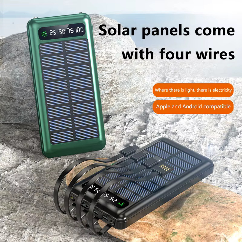 Solar Power Bank 50000 mAh mit vier Datenkabeln, tragbare Powerbank für Smartphones, Schwarz - Bild 3