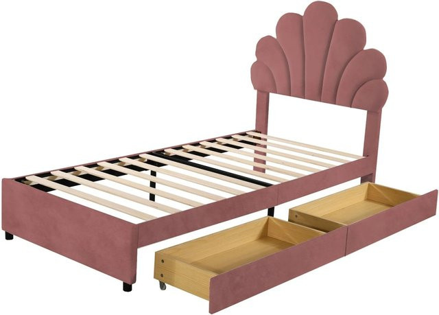 okwish Polsterbett für Kinder in Rosa mit 2 Ablagefächern aus Samt, B/T/H: 90 x 200 x 116 cm - Bild 1