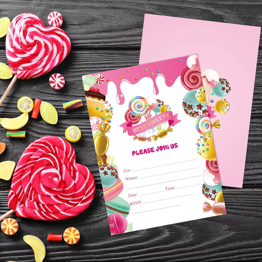 24 Stück Einladungskarten mit Umschlägen im Mädchen Cartoon Lutscher Design für Babyparty und Geburtstag - Bild 2