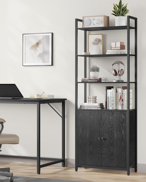 VASAGLE Bücherregal im Industrial Design mit 6 Ebenen, Metallrahmen und Türen, Schwarz Matt, B: 60 cm, T: 24 cm, H: 159,5 cm - Bild 1