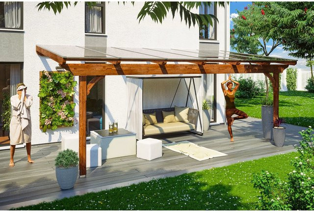 Skan Holz Terrassenüberdachung Ravenna aus Douglasie in Nussbaum Braun B/T/H: 648 x 250 cm mit Polycarbonat Dach - Bild 1