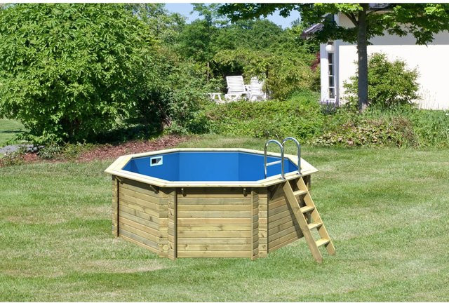 Karibu Massivholzpool Modell 1 A als achteckiger Aufstellpool in Blau und Grau mit Schutzvlies, Durchmesser: 400 cm, Höhe: 111 cm - Bild 2