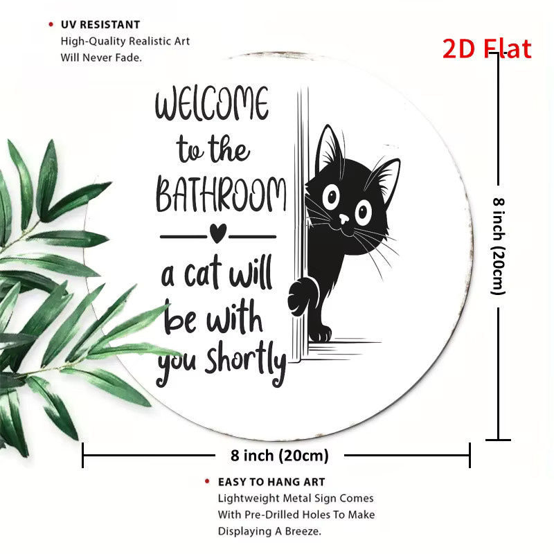 Potdemiel Badezimmer-Türschild Welcome to the Bathroom mit Katzenmotiv, rundes Metall-Türschild in Schwarz-Weiß, Durchmesser: 20 cm - Bild 2