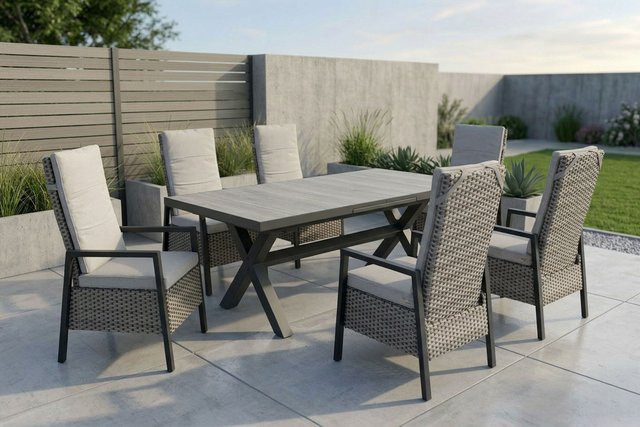 OUTFLEXX Louvra 2 Garten-Essgruppe aus Polyrattan und Aluminium in Natur/Anthrazit mit 6 Sesseln und ausziehbarer Tischplatte mit Keramikfliesen, Tisch B: 160-210 cm, T: 100 cm - Bild 1