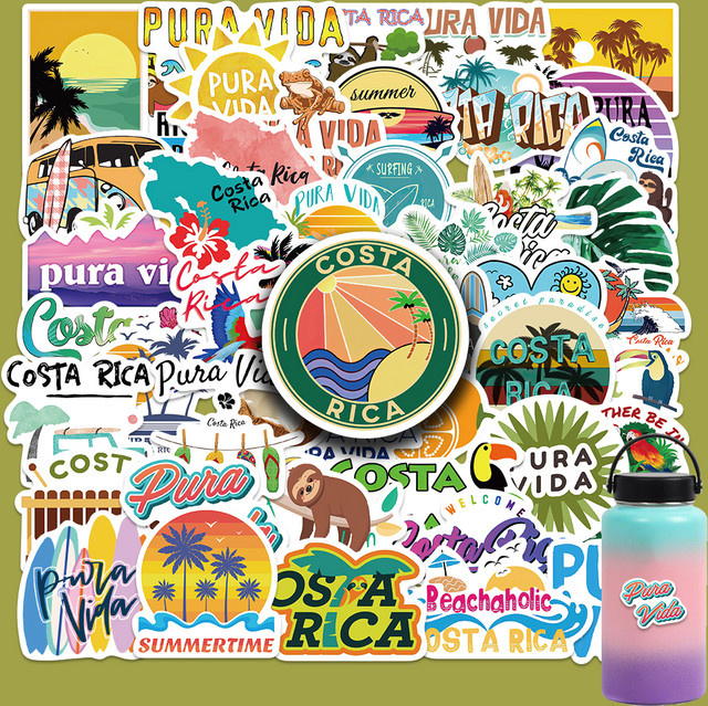 50 Stück Costa Rica Pura Vida Aufkleber Set in Multicolor für Laptop, Wasserflasche und Skateboard - Bild 1