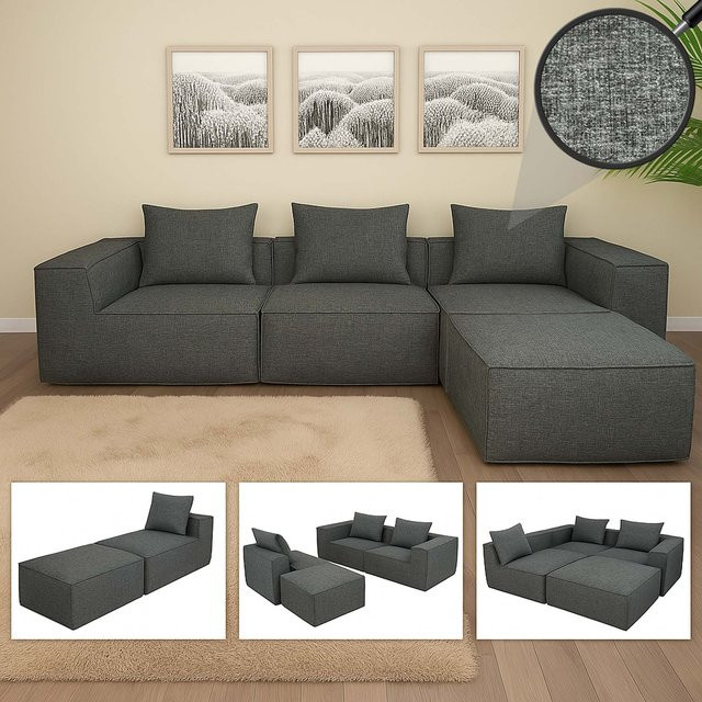Modulares L-Sofa MCW-O54 Lounge-Couch mit Ottomane in Dunkelgrau, Stoff/Textil, B/T/H: 270 x 63 x 190 cm - Bild 1
