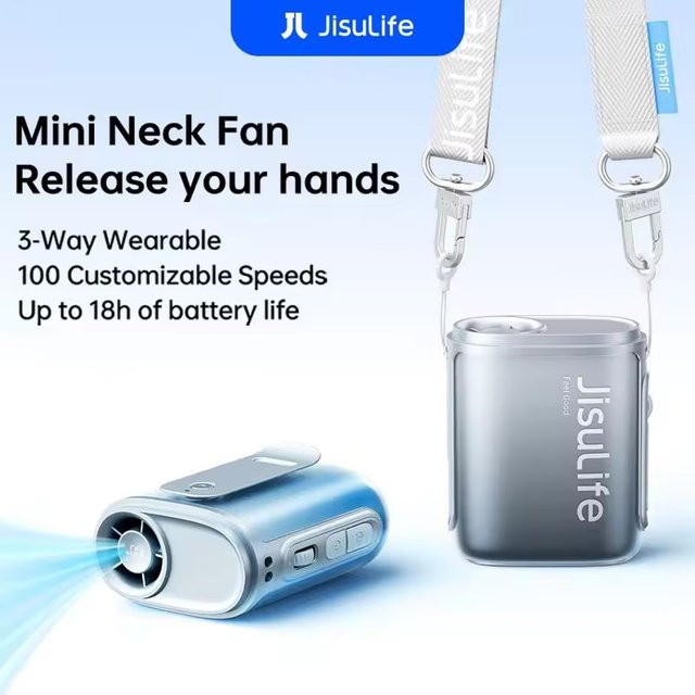 JISULIFE Tragbarer Nackenventilator in Blau mit 4500 mAh Akku, 100 Windgeschwindigkeiten und LED-Anzeige - Bild 1