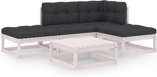 vidaXL 5-tlg Garten-Lounge-Set L-Form aus massivem Kiefernholz mit Polsterkissen in Anthrazit und Weiß - Bild 1
