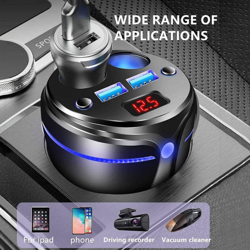 JadeBamboo Zigarettenanzünder-Adapter mit 2 USB-Schnellladestationen und 2 Steckdosen inklusive LED-Spannungsanzeige für 12-24V in Schwarz - Bild 3