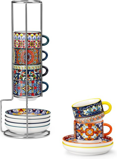 vancasso 6-teiliges Porzellan-Tassenset mit Untertassen und Metallständer, Mehrfarbiges Floral-Design für Espresso, Cappuccino, Latte und Tee - Bild 1