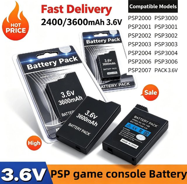 NDNNAS Lithium-Ionen-Ersatzakku mit 2400 mAh für PSP-2000, PSP-3000 und PSP-3004 Slim in Schwarz - Bild 1