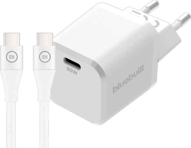 BlueBuilt Power-Delivery-Ladegerät 20 W mit USB-C-Kabel aus Nylon in Weiß - Bild 1