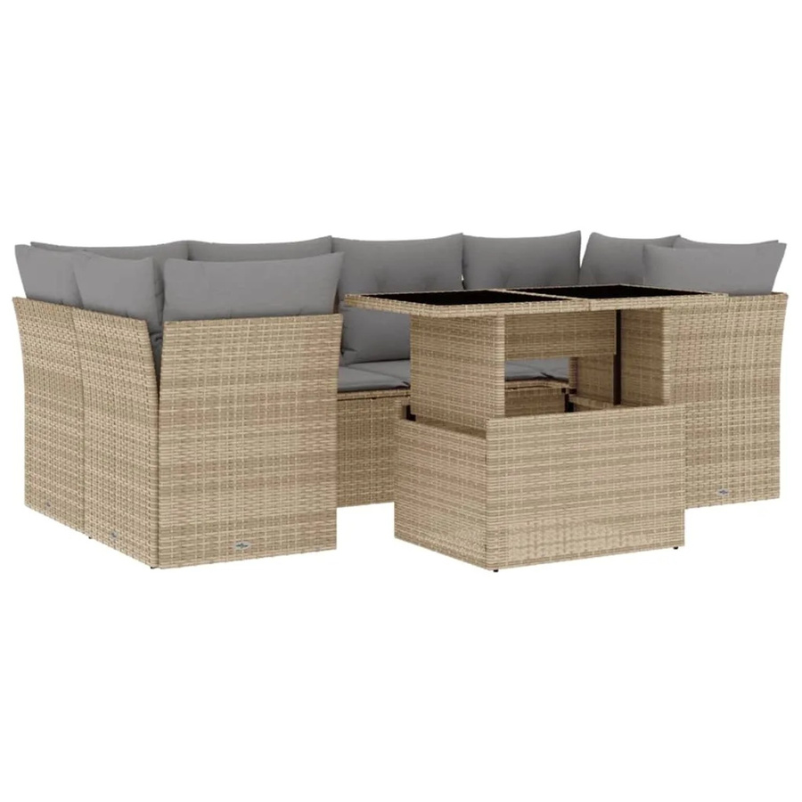 vidaXL 7-tlg Garten-Sofagarnitur aus Polyrattan in Beige mit Kissen und Tisch im L-Shape Design - Bild 2
