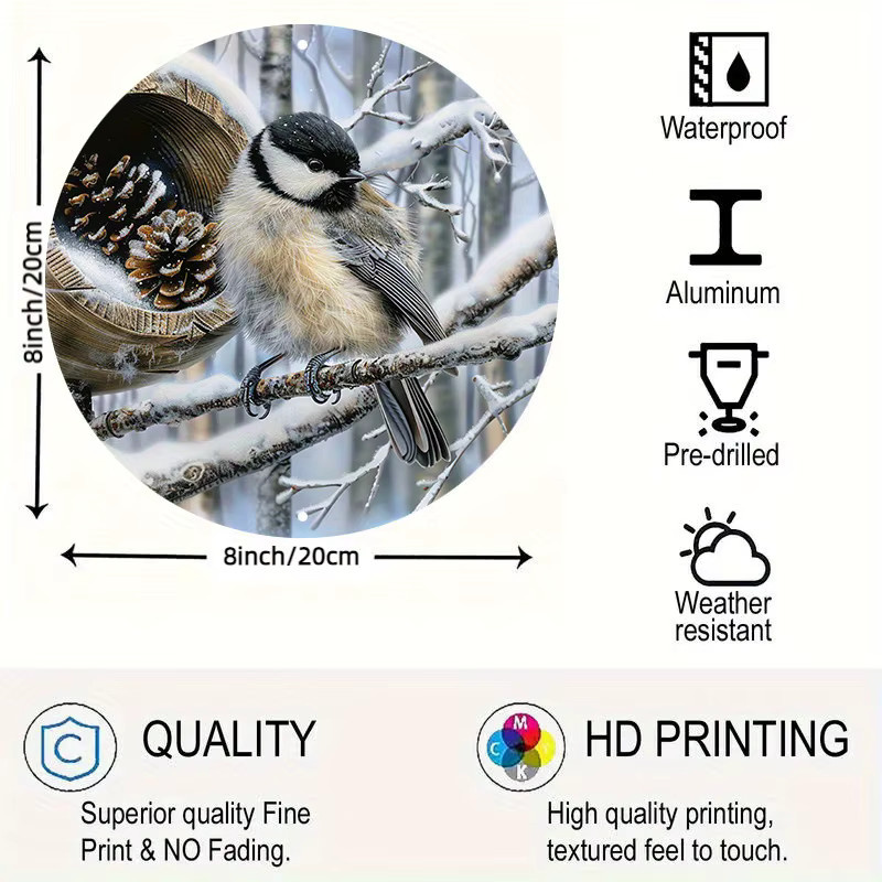 Potdemiel Wandkunst Chickadee-Vogel und Tannenzapfen, rundes Metallschild Outdoor-Hängedekoration, Durchmesser: 20,3 cm, Mehrfarbig - Bild 3