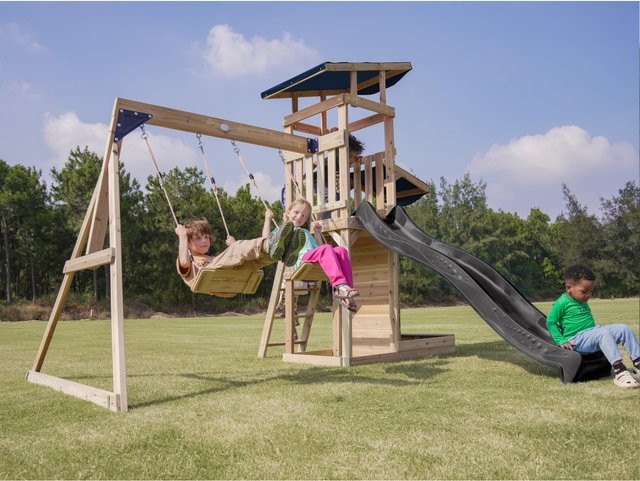 Axi Spielturm Malik mit Doppelschaukel und Rutsche Braun Grau - Bild 1