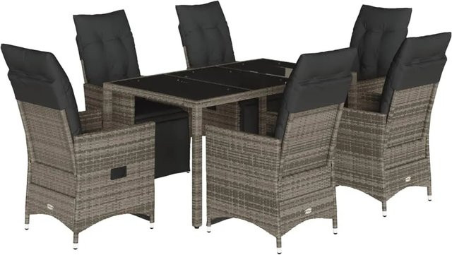 vidaXL 7-tlg Garten-Bistro-Set aus grauem PE-Rattan mit Kissen und Hartglas-Tischplatte - Bild 1