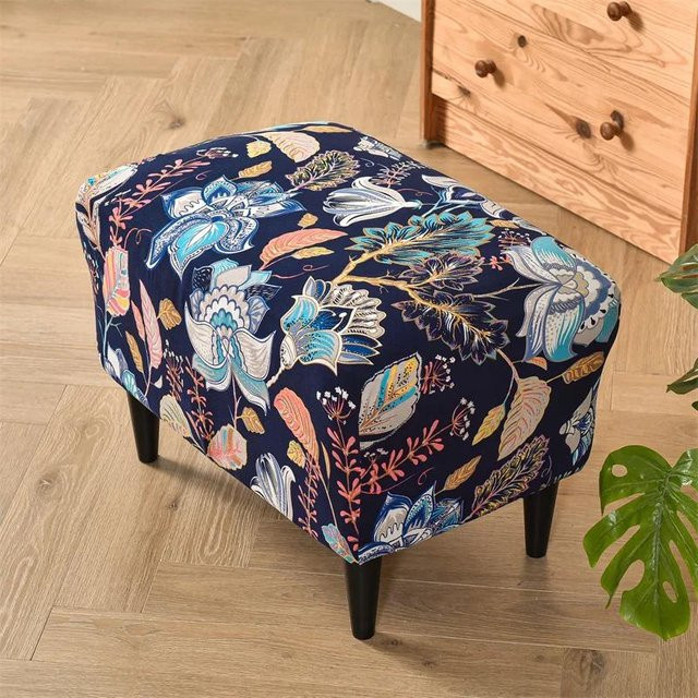 Elastischer Hockerbezug von Yiran Furniture mit Blumenmuster in Blau und Multicolour, rechteckige Hockerhülle aus Spandex für den Möbelschutz - Bild 1